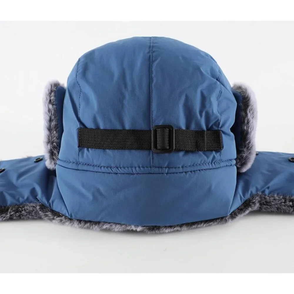 Men's Blue Trapper Hat Faux Fur Trooper Hunting Cap with Face Mask